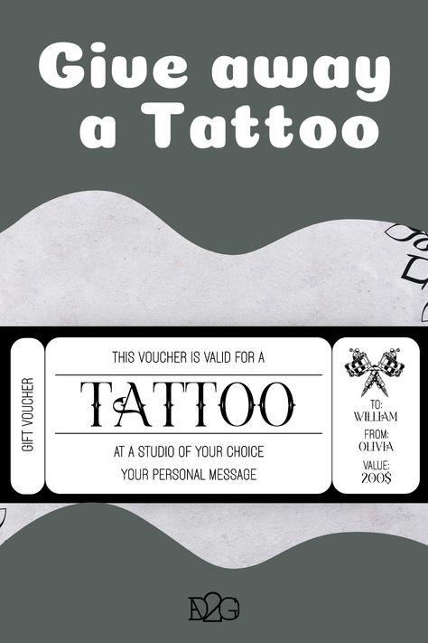 Show someone how much they mean to you with this stylish and unique Tattoo Fund Voucher. Not only does it make the lucky recipient feel extra special, but it also allows them to choose the perfect tattoo design that expresses their individual style. This voucher can be easily personalized and customized with Corjl – making it quick and easy to create a beautiful and unique piece of art. Customise it with your special message and try before you buy! Tattoo Voucher, Tattoo Birthday, Tattoo Ticket, Best Friend Tattoo, Gift Voucher Design, Voucher Design, Diy Coupons, Perfect Tattoo, Romantic Gestures