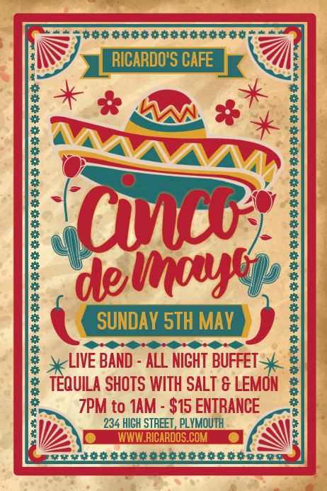 Customize this design with your video, photos and text. Easy to use online tools with thousands of stock photos, clipart and effects. Free downloads, great for printing and sharing online. Poster. Tags: 5 de mayo event, cinco de mayo, cinco de mayo bar celebration, cinco de mayo party night, mexican, Event Flyers, Bar Flyers, Cinco De Mayo , Cinco De Mayo Mexican Posters Vintage, Mexican Graphic Design Poster, Fiesta Poster Design, Mexican Poster Design, Vintage Event Poster, Mexican Poster, Mexican Graphic Design, Mexico Poster, Tiki Signs