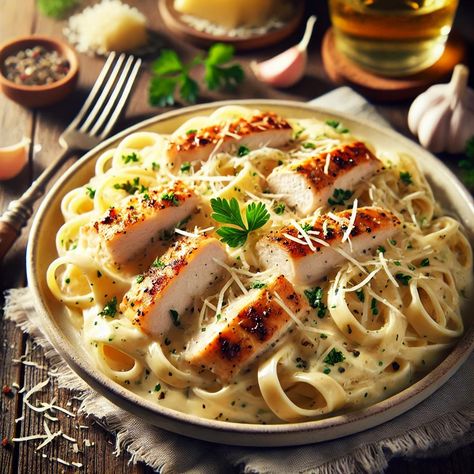 🍽 Dish Name: Chicken Alfredo 📝 Ingredients: 500g boneless, skinless chicken breast 250g fettuccine pasta 1 cup heavy cream 1/2 cup grated Parmesan cheese 2 cloves garlic, minced 2 tbsp butter 1 tbsp olive oil Salt and pepper to taste Fresh parsley for garnish 👩‍🍳 Instructions: Cook the Pasta: Boil the fettuccine in salted water until al dente. Drain and set aside. Cook the Chicken: Season the chicken with salt and pepper. Heat olive oil and butter in a skillet over medium heat. Cook the c... Cajun Chicken Alfredo Recipe, Creamy Chicken Alfredo Pasta, Pasta Alfredo Con Pollo, Chicken Alfredo Ingredients, Recipes Comfort Foods, Healthy Cajun, Chicken Season, Chicken Alfredo Recipe, Recipes Protein