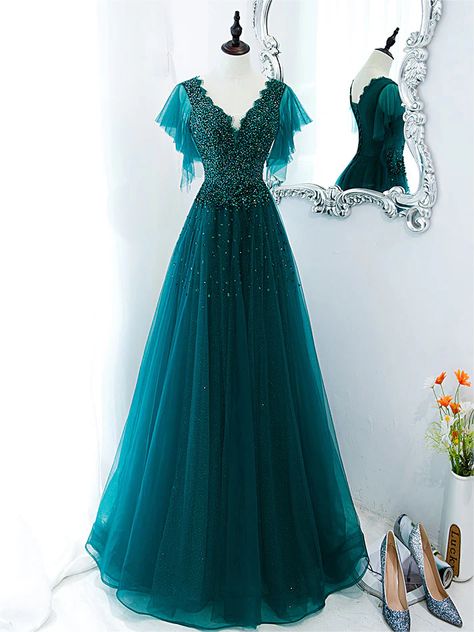 Blue Green Prom Dress, Formal Bridesmaid Dresses, Prom Dress Green, Tulle Formal Dress, Green Evening Dress, Formal Bridesmaids Dresses, Green Tulle, Floor Length Prom Dresses, Corset Dress Prom