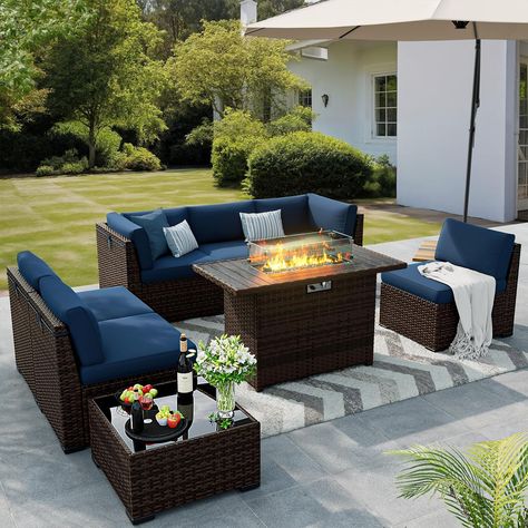 8 Pieces Outdoor Patio Furniture Set with 44" Fire Pit Table Rattan Sectional Conversation Sets w/Gas Fire Pit, Coffee Table, 2 Waterproof Covers Back Patio Furniture, Rattan Outdoor, Relaxing Outdoors, Outdoor Patio Furniture Sets, Durable Furniture, Gas Fire, Cover Blue, Patio Sofa, Fire Pit Table