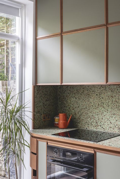 Glasgow Apartment, Terrazzo And Wood, Barcelona House, Muted Green, Student House, London Apartment, Small Space Solutions, Wood Detail, Custom Made Furniture