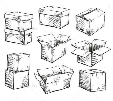 Set of Doodle Cardboard Boxes Doodle Box, Draw A Box, Sketch Box, Furniture Design Sketches, Perspective Drawing Lessons, Object Drawing, Architecture Concept Drawings, Industrial Design Sketch, Perspective Art