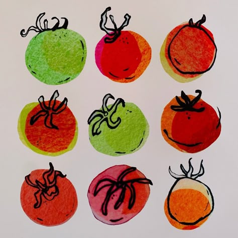 Nine little tomatoes from the garden. This new print was made from an original Ink and tissue painting. Paper Size: 8.5" x 11" Printed in our studio on Guemes Island, Washington using a high definition ink process on a 100% cotton fiber acid-free matte paper. Vibrant colors. Tissue Painting, Painting Paper, Card Drawing, Pics Art, New Print, Pretty Art, Linocut, New Age, Art Classes