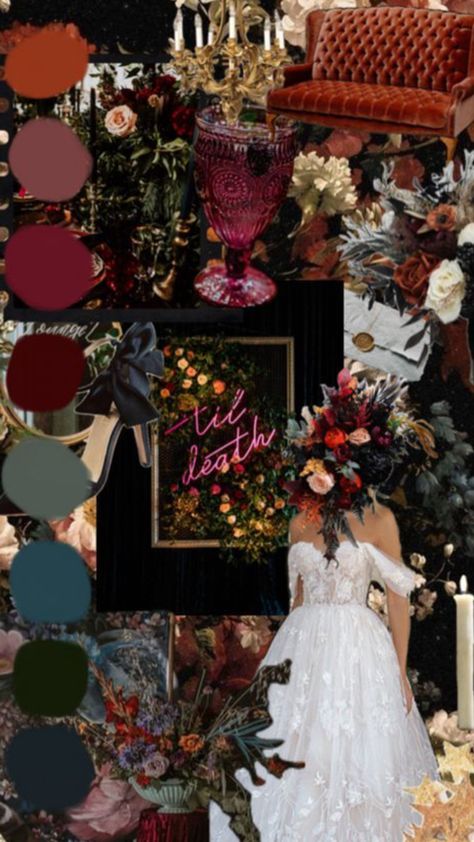 This is someone else’s collage and I love the color scheme. Two minds think a like lol Dark Romantic Wedding, Romantic Wedding Colors, Dark Wedding Theme, Wedding Color Scheme, Wedding Color Pallet, Fall Wedding Color Palette, Dark Wedding, Fairy Wedding, Moody Wedding