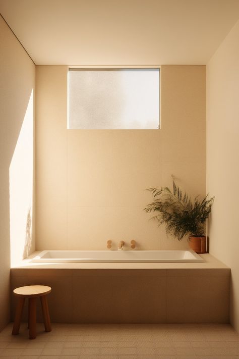 This simple bathroom has a retro feel to it. The light tile floor and integrated bathtub create a cozy nostalgic feel. The window lets in the warm yellow morning light but keeps your privacy. Even fern plants thrive in the shower when they get natural light. Integrated Bathtub, Light Tile Floor, Minimalistic Bathroom, Fern Plants, Fern Plant, Warm Yellow, Simple Bathroom, Morning Light, The Window