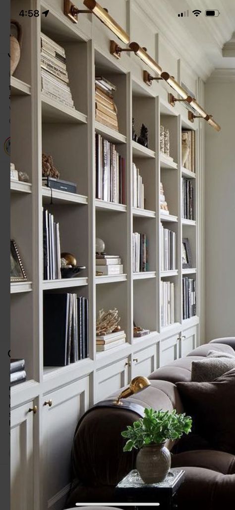 Greige Office Built Ins, Contemporary Library Room, Library Feature Wall, Bookshelf Tall Ceiling, Custom Built Bookshelves, Large Built In Bookshelves, Snug Library Room, Scandinavian Home Library, Custom Built In Bookcase