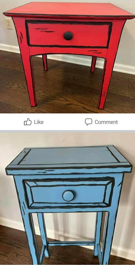 Cartoon Style Painted Furniture, Graffiti Furniture Ideas, Cartoon Painted Furniture, Floating Nightstand Ideas, Vintage Suitcase Decor, Graffiti Furniture, Modern Floating Nightstand, Cel Shading, Nightstand Ideas