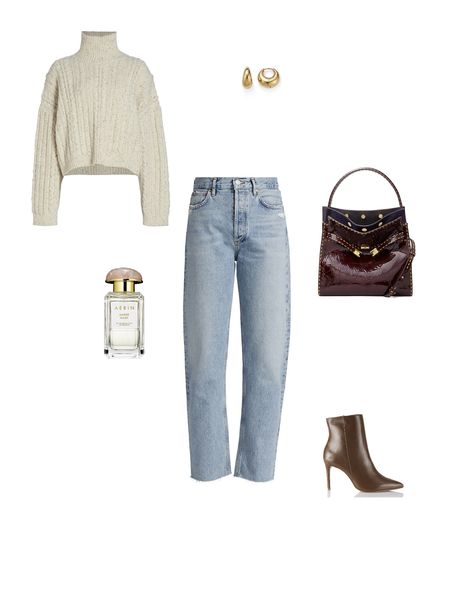 Fall Outfits Simple, Amber Perfume, Outfits Simple, Gold Huggies, Elevated Basics, Jean Top, Cream Sweater, Tory Burch Bag, Light Wash Jeans