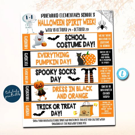 "This cute and fun daily/weekly halloween spirit week itinerary calendar is a great way for kids to show their positive halloween cheer during the fall season! You can print and send home with families and/or upload digitally to send out to families/students. WANT THE BUNDLED SET OF ALL 10 HOLIDAY/SEASONAL SPIRIT WEEK TEMPLATES? FIND IT HERE: https://www.etsy.com/listing/1514818447/school-spirit-week-bundle-set-seasonal?click_key=16c9a6bd95f1b74d7898af7b6fca5ba5bc6f6cc4%3A1514818447&click_sum=ed Preschool Halloween Spirit Week, Halloween Spirit Days For School, Spirit Week October, Halloween Dress Up Days For School, Halloween Theme Week Ideas, Spirit Week Ideas For Elementary School, Spirit Week Ideas Halloween, Halloween Spirt Week Ideas School, October Spirit Week Ideas Preschool