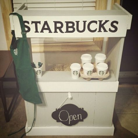 Little play Starbucks and a tiny apron for my daughter! Pretend Starbucks, Cafe Pretend Play, Starbucks Pretend Play, Coffee Shop Pretend Play, Play Coffee Shop, Kid Playhouse, Dramatic Play Centers Preschool, Target Birthday, Cardboard Challenge