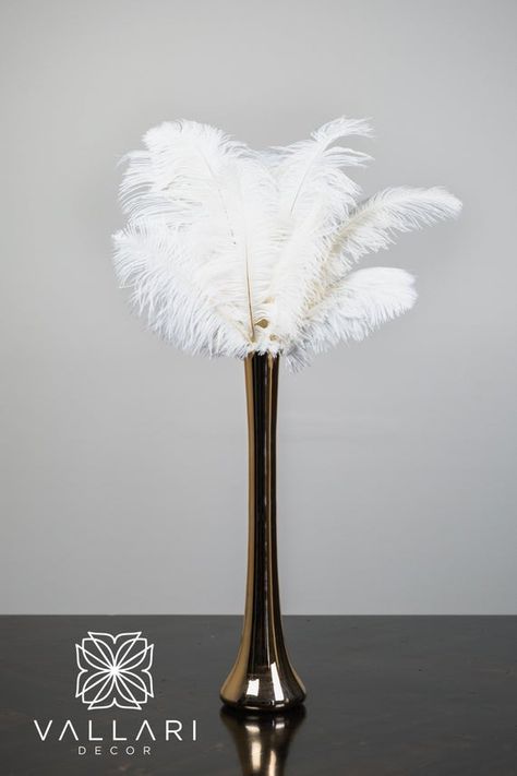 Feathers In Tall Vase, White Ostrich Feather Centerpiece, Black Ostrich Feather Centerpiece, Gold Vase With Feathers, White Ostrich Feathers, Ostrich Feather Centerpieces, Tower Vase, Eiffel Tower Vases, Feather Centerpieces