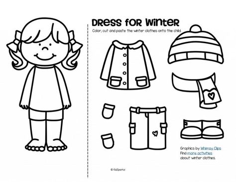 Preschool Winter Worksheets, Clothes Worksheet, Seasons Worksheets, Dress For Winter, Winter Activities Preschool, Math Pages, Coloring Pages Winter, Cut And Paste Worksheets, Winter Kindergarten