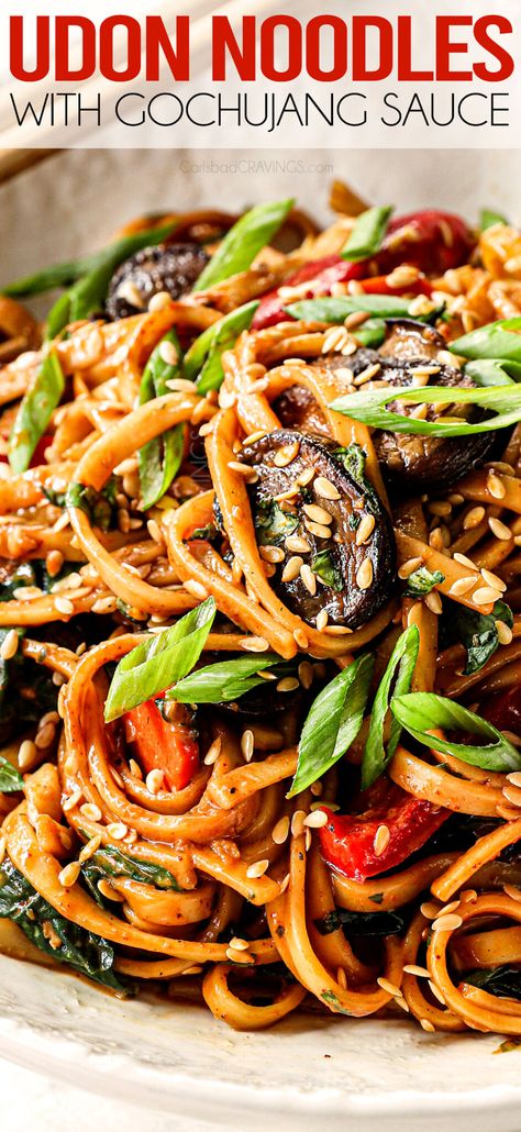 Udon Noodles with Gochujang Sauce and Stir Fried Veggies Stir Fry Udon, Asian Bbq Sauce, Stir Fried Veggies, Caramelized Mushrooms, Udon Noodles Recipe, Fried Udon, Udon Recipe, Fried Veggies, Vegetarian Stir Fry