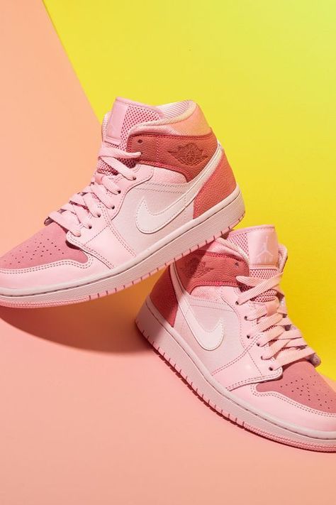 It’s official, the Women's Air Jordan 1 Mid is the most experimental silhouette in the Air Jordan lineup. Colorways like the "Digital Pink" combine interesting materials and colors not commonly found on any of Michael Jordan’s former signature shoes. Jordan 1 Digital Pink, Air Jordan 1 Mid Digital Pink, Pinkie Promise, Air Jordan 1 Women, Jordan 1 Sneakers, Jordan Mid, Cat Shoes, Sneaker Art, Womens Air Jordans