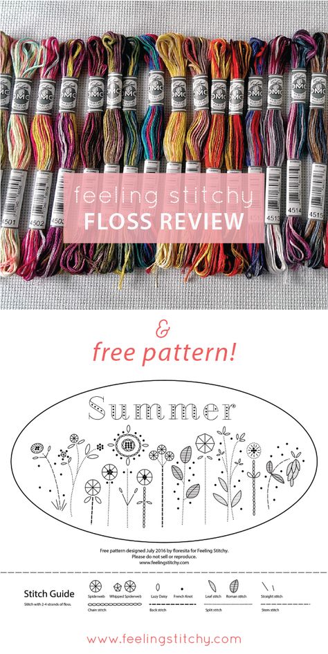 feeling stitchy: Floss Review & free pattern: DMC Coloris Floss Crewel Embroidery Tutorial, Modern Hand Embroidery Patterns, Modern Hand Embroidery, Embroidery Stitches Beginner, Anchor Threads, Hand Embroidery Patterns Free, Embroidery Lessons, Feather Stitch, Dmc Embroidery