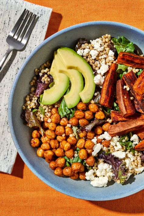 Brussel Sprouts Bowl, Healthy Fiber Meals, Chickpea Bowl Recipes, Sweet Potato Dinners, Sweet Potato Gut Health, Chickpea Sweet Potato Bowl, Sweet Potato Chickpea Quinoa Bowl, Roasted Cauliflower Chickpea Potato Bowl, Gut Healthy Meals