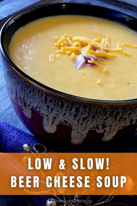 If you love beer and you love cheese, then you are going to love this recipe for Easy Beer Cheese Soup! It's made in one pot and cooking it low and slow is what will give you a delicious, creamy, and satisfying soup that is perfect for blustery fall days! #SoupRecipes #ThePurplePumpkinBlog #Recipes Beer Cheese Soup Crockpot, Cheese Soup Recipe Easy, Easy Beer Cheese Soup, Easy Beer Cheese, Beer Cheddar Soup, Beer Cheese Soup Recipes, Beer Soup, Beer Cheese Soup, Pumpkin Stew