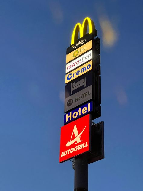 Highway sign, mcdonald, autogrill, hotel, motel, bp gas station. Bp Gas Station, Hotel Motel, Pay Phone, Gas Station, Landline Phone, Highway Signs, Cute Dogs, Hotel, Electronic Products