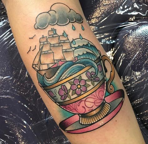 Blue Teacup Tattoo, Soup Bowl Tattoo, Storm In A Teacup Tattoo, Inner Knee Tattoo, Succulent Tattoo, Tea Tattoo, Teacup Tattoo, Pinup Tattoo, Traditional Ideas