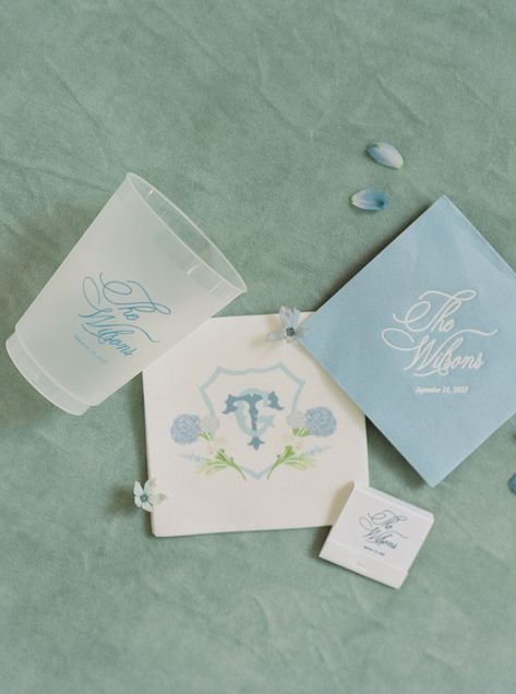 Wedding Cups And Koozies, Blue Green Wedding Colors, Custom Napkins Wedding, Rehearsal Dinner Napkins, White Tent Wedding, Frosted Wedding Cups, Custom Matchbooks, Blue Green Wedding, Frosted Cups