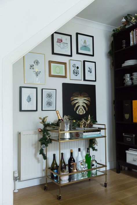 Gallery Wall Above Bar Cart, Gallery Wall Bar Cart, Bar Cart Gallery Wall, Hanging Pictures On The Wall, Drink Trolley, Christmas Bar Cart, Home Art Gallery, Bar Cart Wall, Wall Decor Inspiration