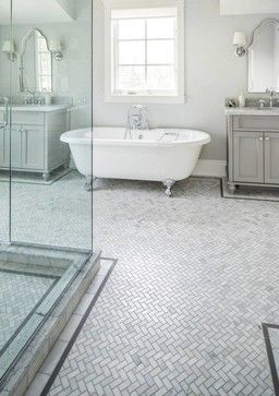 Carrara Marble Herringbone tile with border Carrara Marble Bathroom Floor, Marble Herringbone Bathroom, Tile With Border, Herringbone Bathroom Floor, Herringbone Tile Floor, California Bathroom, Marble Herringbone Floor, Herringbone Bathroom, Marble Herringbone Tile