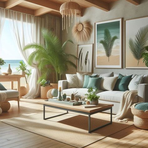 Beach Modern Coastal Living Room Mid Century Modern Coastal Interior Design, Coastal Bohemian Living Room Ideas, California Coastal Decor Living Room, Mid Century Coastal Living Room, Surf Living Room, Hawaii House Interior, California Coastal Living Room, Beach Bungalow Decor, Modern Coastal Living Room Ideas