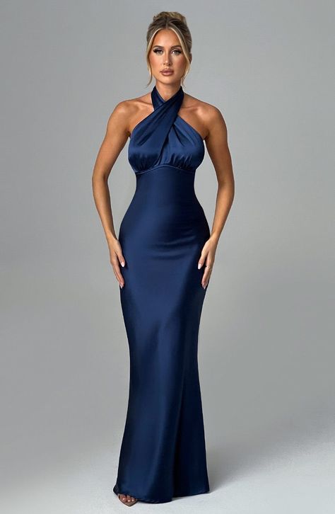 Feel opulent in Dimitra, a stunning maxi design crafted in delicate satin with a beautiful sheen and silky soft feel. Featuring a high cross over neckline and low back with tie detail, this style has a fit and flare silhouette and flattering piping under the bust. Keep things chic with barely there heels and sleek hair. Colour: Navy. Premium non-stretch satin. Shaped piping under bust. Fit and flare silhouette. High cross over neckline. Tie detail to back. Low back. Invisible zipper to reverse. Slim Bodycon Dress, Maxi Design, Backless Dress Summer, Long Dresses Elegant, Women Halter, Backless Maxi Dresses, Maxi Dress Navy, Halter Maxi Dresses, Spring Summer Dress