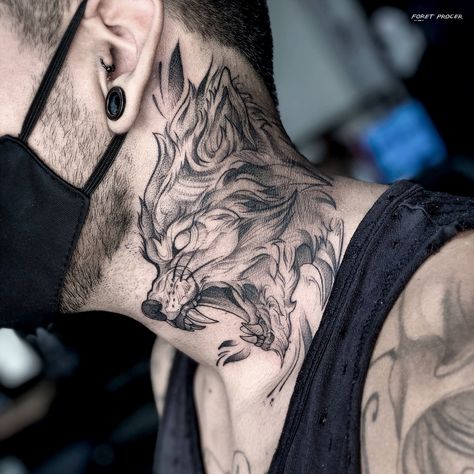 Wolf Tattoo Neck, Wolf Neck Tattoo, Wolf Head Tattoo Design, Chest Neck Tattoo, Armpit Tattoo, Neck Tattoo Ideas, Warrior Tattoo Sleeve, Wolf Tattoos Men, Ear Tattoo Ideas