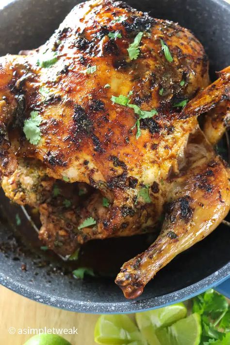 Crispy Cilantro Lime Chicken, Whole Chicken Marinade, Baked Whole Chicken Recipes, Lime Marinade For Chicken, Whole Baked Chicken, Cilantro Recipes, Cilantro Chicken, Spatchcock Chicken, Whole Chicken Recipes