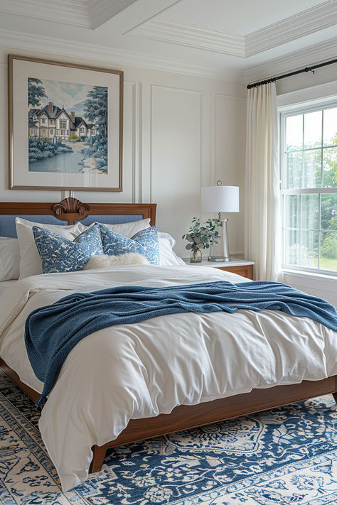 elegant bedroom, mature woman bedroom, luxury bedroom, room ideas, bedroom inspiration Bedroom Light Blue Bedding, Bedding Ideas White And Blue, White Bed With Blue Accents, Comfy Blue Bedroom, Shades Of Blue Home Decor, Brown And Blue Bedroom Aesthetic, White Bedding Blue Accents, Ivory And Blue Bedroom Ideas, Bedroom With Blue Curtains