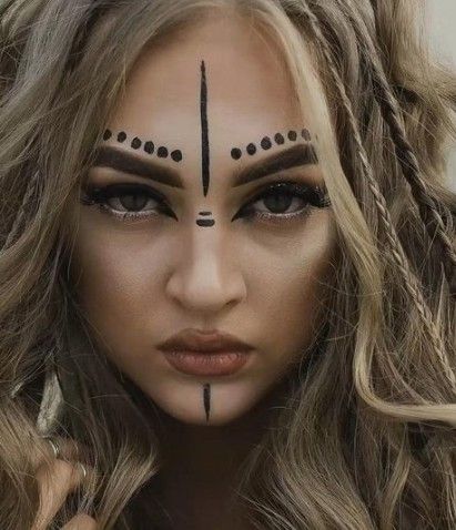 Wolf Woman Aesthetic, Freya Costume Norse, Warrior Paint Face, Viking Body Painting, Warrior Viking Woman, Viking Eyeliner, Diy Viking Makeup Woman, Assassin Makeup Female, Viking Cosplay Female Makeup