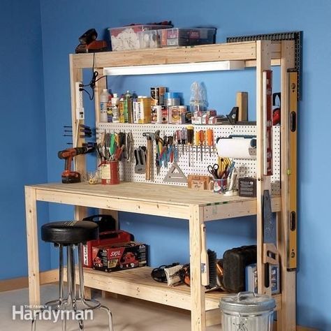 This DIY workbench is simple enough and cheap enough that you can make it in a morning, and yet it's big enough for serious woodworking and hobby projects. Building A Workbench, Workbench Plans Diy, Diy Workbench, Garage Work Bench, Workbench Plans, Horse Gear, Workshop Organization, Diy Holz, Work Bench