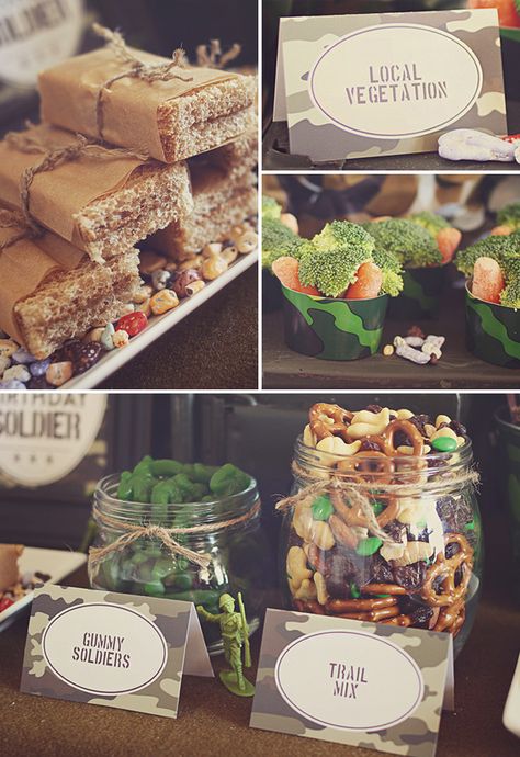 Army Themed Party Food, Army Theme Birthday Party Food, Mess Hall Party Ideas, Army Party Food Ideas, Army Party Food, Partyfood Ideas, Army Birthday Party Ideas, Camouflage Birthday Party, Army Themed Birthday