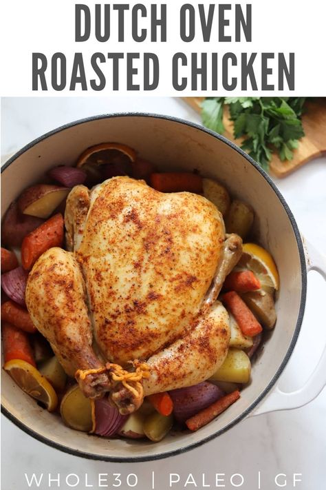 Whether you're looking for a simple weeknight dinner or a recipe to make you a meal prep master, this simple Dutch Oven Roasted Chicken with vegetables recipe is it! It's Whole30, Paleo, Gluten Free and easily adapted to be Keto/Low Carb! #cookathomemom #paleo #whole30recipes Whole Chicken Recipes Oven, Roast Chicken Seasoning, Dutch Oven Roast Chicken, Oven Roasted Whole Chicken, Roasted Whole Chicken, Whole Chicken Recipe, Meals Dinner, Oven Chicken Recipes, Whole Chicken Recipes