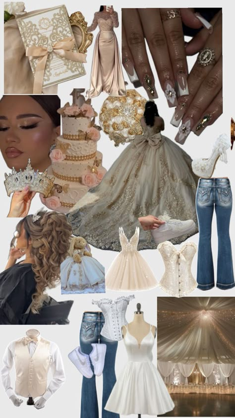 Golden and white quince! Quincenera Dresses Champagne, White And Gold Quinceanera Dresses, Champagne Quinceanera Theme, Gold Quinceanera Theme, Gold Quince Dress, Quince Dances, Beauty And The Beast Quince, Quinceanera Dances, Champagne Quinceanera Dresses