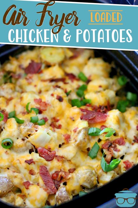 Air Fryer Loaded Chicken and Potatoes is a meal in one! Chicken, potatoes mixed with seasonings and topped with melted cheese and bacon! Loaded Chicken And Potatoes, Panini Grill, Bacon Potatoes, Loaded Chicken, Potatoes Chicken, Chicken And Potato, Chicken And Potatoes, Turkey Breast Recipe, Air Fried Food