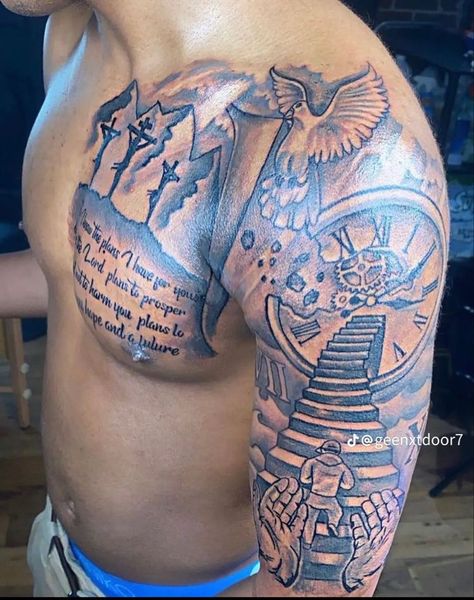 Half Sleeve Tattoos Black Mens Arm, Single Chest Tattoo Men, Rip Shoulder Tattoo Men, Chest Arm Tattoo Men, Right Shoulder Tattoo Men, Bicep Tattoo Men Sleeve, Chest To Arm Tattoo Men, Bicep Sleeve Tattoo Men, Outside Bicep Tattoo Men