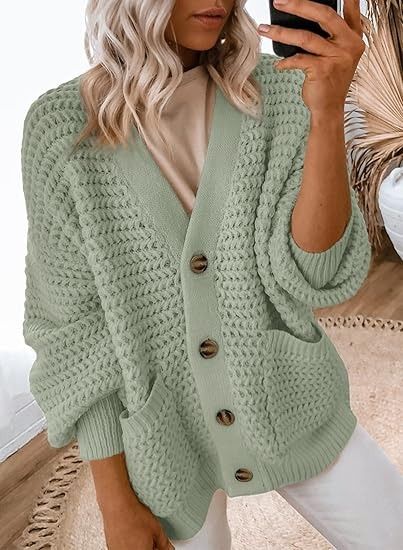 Dokotoo Womens Winter Autumn Fashion Open Front Cardigans Sweaters for Women Long Sleeve Soft Chunky Knitted Casual Cardigans Outwears Jackets Coats for Women 2024 Fashion Smoke Green Large at Amazon Women’s Clothing store Cardigan 2023, Fall Cardigan, Button Sweater, V Neck, Long Sleeve