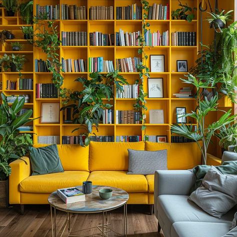 8+ Bright Studio Apartment Furniture Ideas in Sunny Yellow • 333+ Art Images Yellow Library Room, Library Workspace, Yellow Bookshelf, Yellow Bookshelves, Studio Apartment Furniture, Library Reading Room, Apartment Furniture Ideas, Library Rooms, Yellow Office