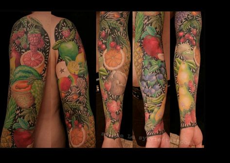 12 People Who Love Food So Much They Got Tattoos Fruit Tattoo Sleeve, Food Tattoo Ideas, Butter Tattoo, Vegetable Tattoo, Unity Tattoo, Cooking Tattoo, Food Tattoo, Tattoo 2015, Chef Tattoo