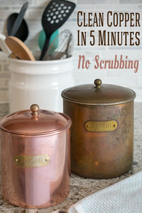 How To Keep Copper From Tarnishing, How To Clean Copper Bottom Pans, Copper Polish Diy, Decorating With Copper Accents, Copper Pot Decor Ideas, Cleaning Copper Pots Remove Tarnish, Cleaning Brass Remove Tarnish, How To Clean Copper Pots, Copper Canisters Kitchen