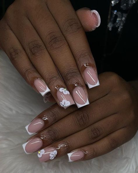 French Manicure With 3d Flower, Short Pink French Tip Nails With Flowers, French Tip And 3d Flower Nails, Short Flower French Tip Nails, Acrylic Flower Nails Short, Acrylic Nail Square Designs, Short French Tip With 3d Flower, French Nails 3d Flower, 3d Nail Designs Flowers Short Nails