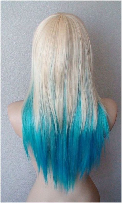 Blue Hair Underneath, Turquoise Hair Ombre, Blonde And Blue Hair, Straight Layered Hair, Blond Ombre, Turquoise Ombre, Dyed Hair Pastel, Ombre Blond, Ombre Wig