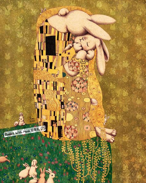 Gustav Klimt - The Kiss Bunnies Somebunny Loves You, Art Eyes, Klimt Art, Art Parody, Bunny Lovers, Rabbit Art, Bunny Art, Year Of The Rabbit, St Bernard