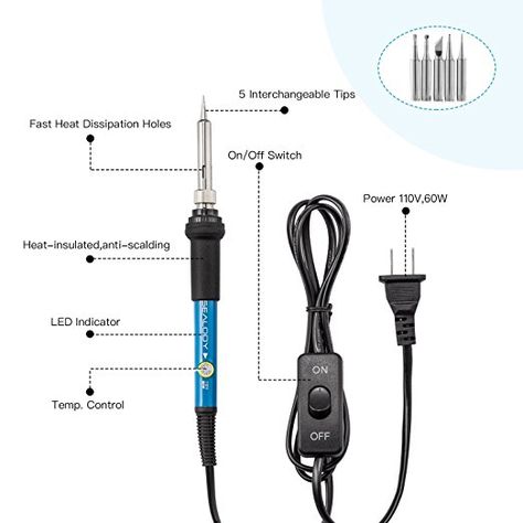 Amazon.com: Soldering Iron Kit, Including 60W Temperature Control Soldering Iron with ON/OFF Switch, Tips, Solder Sucker, Desoldering Wick, Solder Wire, Anti-static Tweezers and Stand with Cleaning Sponge: Home Improvement Solder Wire, Electronics Basics, Cleaning Sponge, Soldering Iron, Sponge Cleaning, Tweezers, Soldering, Temperature Control, On Off