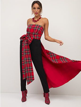 Tartan Bow-Waist Train Jumpsuit | New York & Company Maroon Jumpsuits, Plaid Christmas Dress, Plaid Jumpsuit, Blue Halter Top, Black White Jumpsuit, Stretch Jumpsuit, Sequin Rompers, Black And White Shorts, Striped Rompers