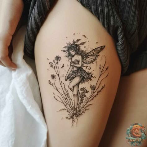 Unveiling the Mystical Beauty: Exploring the Enchanting World of Forest Fairy Tattoos: 80 Designs - inktat2.com Large Fairy Tattoo, Realism Fairy Tattoo, Enchanted Forest Tattoo Ideas, Fairy Tattoo Thigh, Earth Fairy Tattoo, Realistic Fairy Tattoo, Small Fairy Tattoos Simple, Whimsical Fairy Tattoo, Fairy And Flower Tattoo