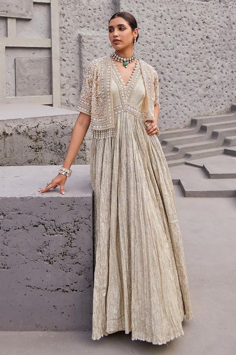 Buy Nidhika Shekhar Gold Crush Shimmer Maharani Suvarn Embroidered Anarkali With Cape Jacket Online | Aza Fashions Cape Dress Indian, Pakistani Anarkali Suits, Kurta Pattern, Golden Lehenga, Desi Couture, 2024 Clothes, Drape Sarees, Floor Length Anarkali, Gold Floor